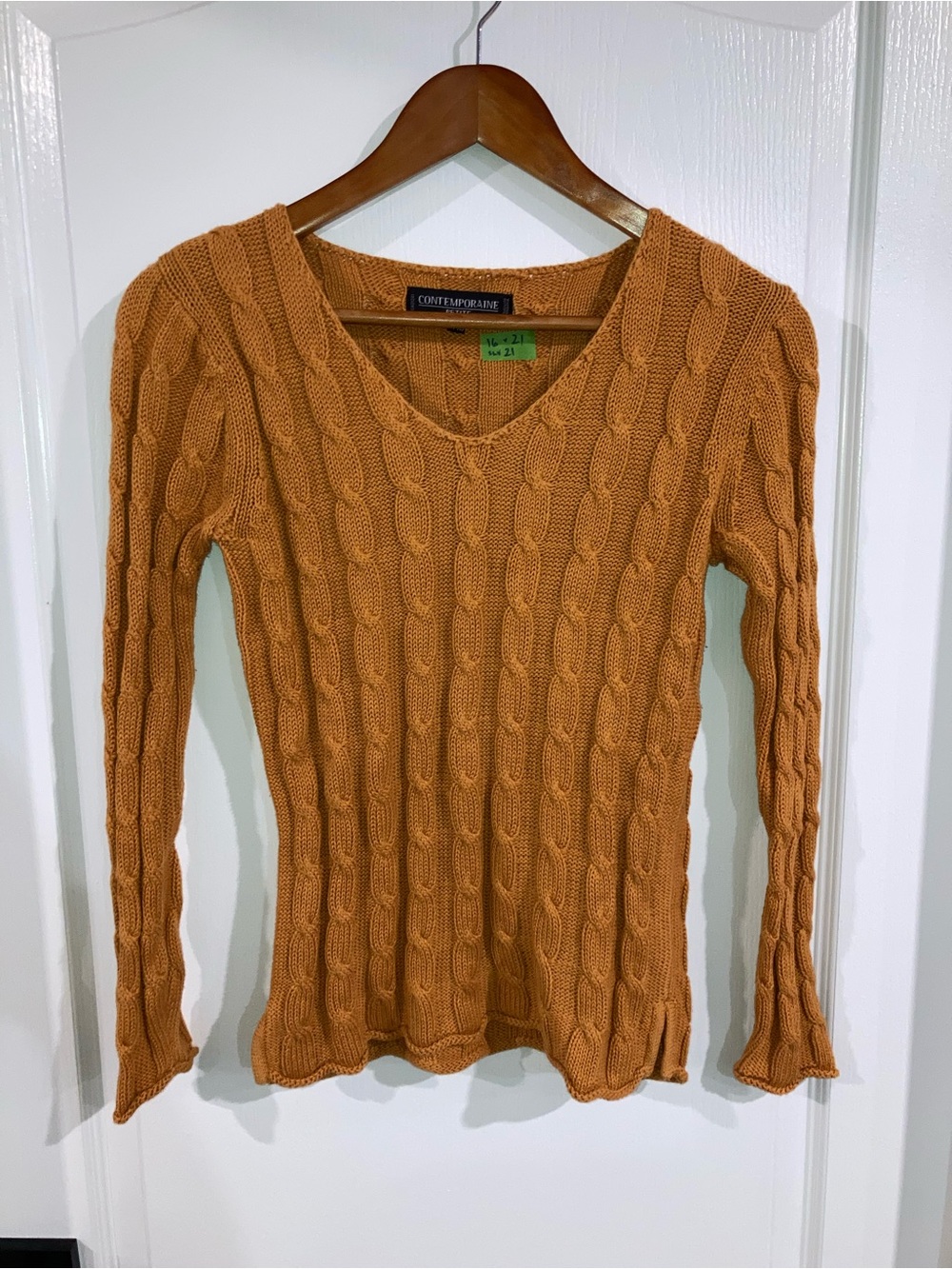 Contemporaine Simons Mustard Yellow V-Neck Cable Knit Sweater - size XS